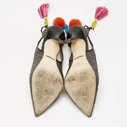 Pre Owned Dolce & Gabbana Black Raffia Pom Pom Detail Tie Up Pumps Size 37