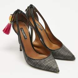 Pre Owned Dolce & Gabbana Black Raffia Pom Pom Detail Tie Up Pumps Size 37