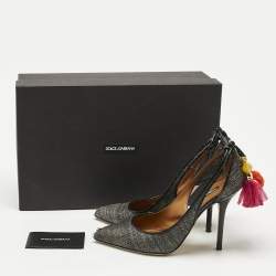 Pre Owned Dolce & Gabbana Black Raffia Pom Pom Detail Tie Up Pumps Size 37