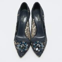 Dolce & Gabbana Navy Blue Lace and Mesh Bellucci Pumps Size 40 