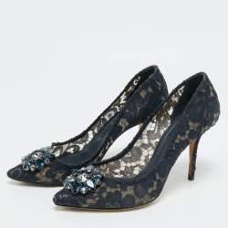 Dolce & Gabbana Navy Blue Lace and Mesh Bellucci Pumps Size 40 