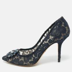 Dolce & Gabbana Navy Blue Lace and Mesh Bellucci Pumps Size 40 