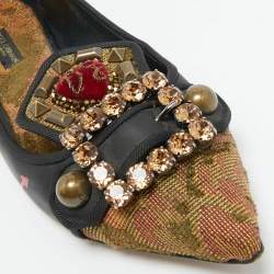 Dolce & Gabbana Black/Gold Leather and Canvas Crystal Embellished Ballet Flat Size 37