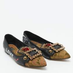 Dolce & Gabbana Black/Gold Leather and Canvas Crystal Embellished Ballet Flat Size 37
