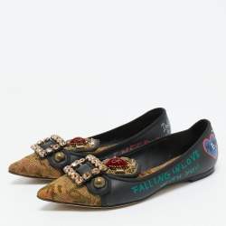 Dolce & Gabbana Black/Gold Leather and Canvas Crystal Embellished Ballet Flat Size 37