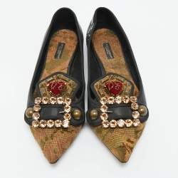 Dolce & Gabbana Black/Gold Leather and Canvas Crystal Embellished Ballet Flat Size 37