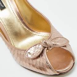 Pre Owned Dolce & Gabbana Rose Gold Python Embossed Leather Bow Peep Toe Pumps Size 38