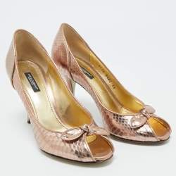 Pre Owned Dolce & Gabbana Rose Gold Python Embossed Leather Bow Peep Toe Pumps Size 38