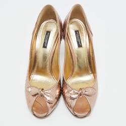 Pre Owned Dolce & Gabbana Rose Gold Python Embossed Leather Bow Peep Toe Pumps Size 38