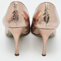 Pre Owned Dolce & Gabbana Rose Gold Python Embossed Leather Bow Peep Toe Pumps Size 38