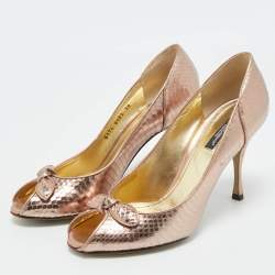 Pre Owned Dolce & Gabbana Rose Gold Python Embossed Leather Bow Peep Toe Pumps Size 38