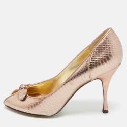 Pre Owned Dolce & Gabbana Rose Gold Python Embossed Leather Bow Peep Toe Pumps Size 38