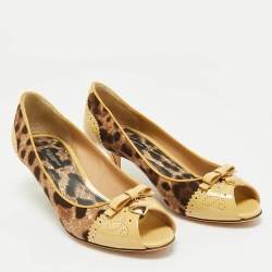 Dolce & Gabbana Brown Leopard Print Canvas Patent Leather Peep Toe Pumps Size 36