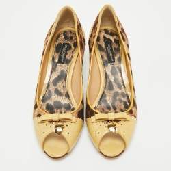 Dolce & Gabbana Brown Leopard Print Canvas Patent Leather Peep Toe Pumps Size 36