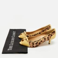 Dolce & Gabbana Brown Leopard Print Canvas Patent Leather Peep Toe Pumps Size 36