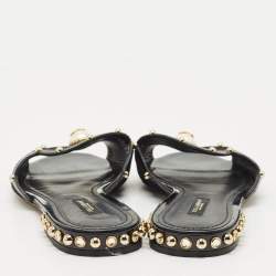 Dolce & Gabbana Black Suede DG Pearl Studded Flat Slide Sandals Size 38