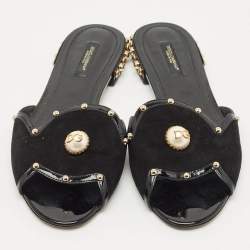 Dolce & Gabbana Black Suede DG Pearl Studded Flat Slide Sandals Size 38