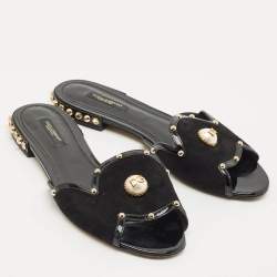 Dolce & Gabbana Black Suede DG Pearl Studded Flat Slide Sandals Size 38
