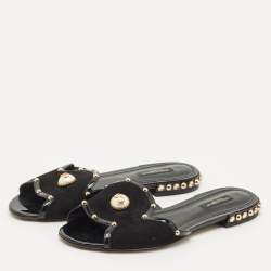 Dolce & Gabbana Black Suede DG Pearl Studded Flat Slide Sandals Size 38