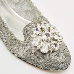 Dolce & Gabbana Silver Lace Crystal Embellished Taormina Ballet Flats Size 37