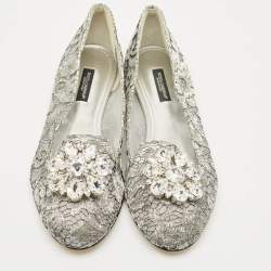 Dolce & Gabbana Silver Lace Crystal Embellished Taormina Ballet Flats Size 37
