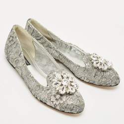 Dolce & Gabbana Silver Lace Crystal Embellished Taormina Ballet Flats Size 37