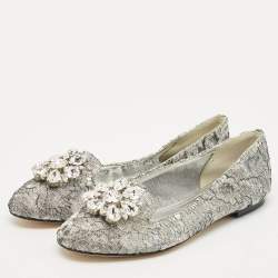 Dolce & Gabbana Silver Lace Crystal Embellished Taormina Ballet Flats Size 37