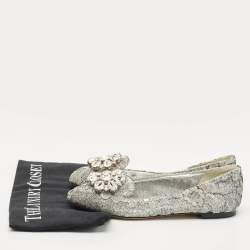 Dolce & Gabbana Silver Lace Crystal Embellished Taormina Ballet Flats Size 37