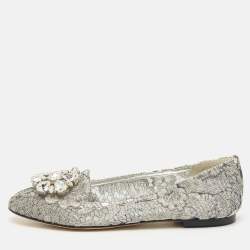 Dolce & Gabbana Silver Lace Crystal Embellished Taormina Ballet Flats Size 37