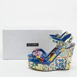 Dolce & Gabbana Multicolor Floral Patent Leather Wedge Platform Ankle Strap Sandals Size 37