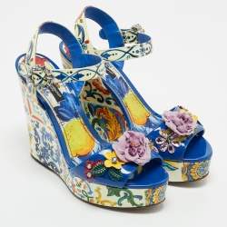 Dolce & Gabbana Multicolor Floral Patent Leather Wedge Platform Ankle Strap Sandals Size 37