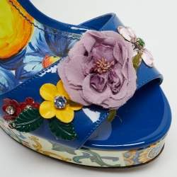 Dolce & Gabbana Multicolor Floral Patent Leather Wedge Platform Ankle Strap Sandals Size 37
