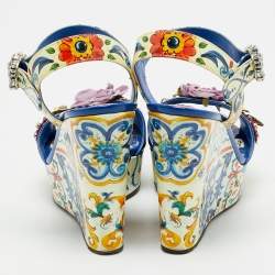 Dolce & Gabbana Multicolor Floral Patent Leather Wedge Platform Ankle Strap Sandals Size 37