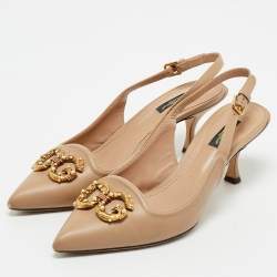 Dolce & Gabbana Beige Leather DG Amore Logo Embellished Slingback Sandals Size 39.5