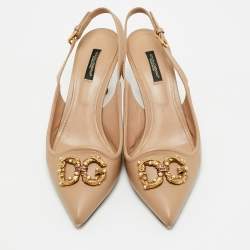 Dolce & Gabbana Beige Leather DG Amore Logo Embellished Slingback Sandals Size 39.5
