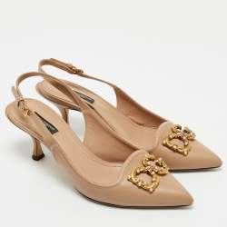 Dolce & Gabbana Beige Leather DG Amore Logo Embellished Slingback Sandals Size 39.5