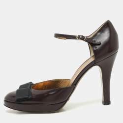 Dolce & Gabbana Burgundy/Black Leather Bow D'orsay Ankle Strap Pumps Size 38.5