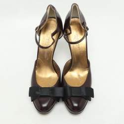 Dolce & Gabbana Burgundy/Black Leather Bow D'orsay Ankle Strap Pumps Size 38.5