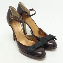 Dolce & Gabbana Burgundy/Black Leather Bow D'orsay Ankle Strap Pumps Size 38.5