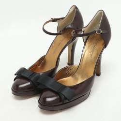 Dolce & Gabbana Burgundy/Black Leather Bow D'orsay Ankle Strap Pumps Size 38.5