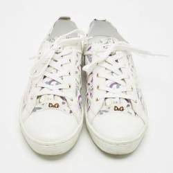 Pre Owned D & G White Leather D&G Allover Low Top Sneakers Size 37