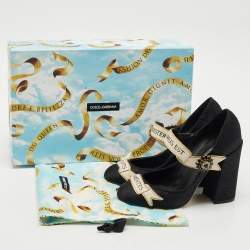 Pre Owned Dolce & Gabbana Black Brocade Fabric and Leather Crystal Embellished Mary Jane Pumps Size 37