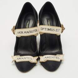 Pre Owned Dolce & Gabbana Black Brocade Fabric and Leather Crystal Embellished Mary Jane Pumps Size 37