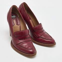 Pre Owned Dolce & Gabbana Burgundy Leather Block Heel Loafer Pumps Size 40