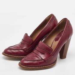Pre Owned Dolce & Gabbana Burgundy Leather Block Heel Loafer Pumps Size 40