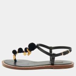 Dolce & Gabbana Black Lizard Embossed Leather Embellished Thong Flats Size 38.5