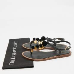 Pre Owned Dolce & Gabbana Black Lizard Embossed Leather Embellished Thong Flats Size 38.5