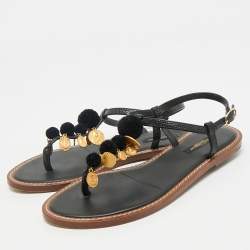 Pre Owned Dolce & Gabbana Black Lizard Embossed Leather Embellished Thong Flats Size 38.5