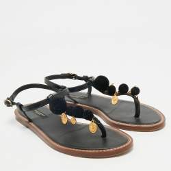 Pre Owned Dolce & Gabbana Black Lizard Embossed Leather Embellished Thong Flats Size 38.5