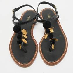 Pre Owned Dolce & Gabbana Black Lizard Embossed Leather Embellished Thong Flats Size 38.5